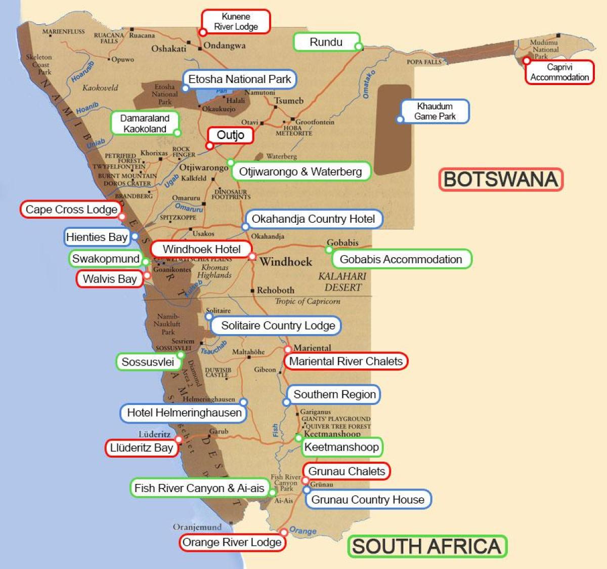 Karte von Namibia lodges