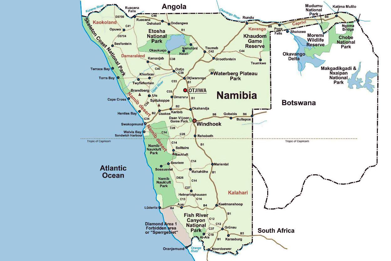 Namibia Landkarte - Die Landkarte von Namibia (Südliches Afrika - Afrika)