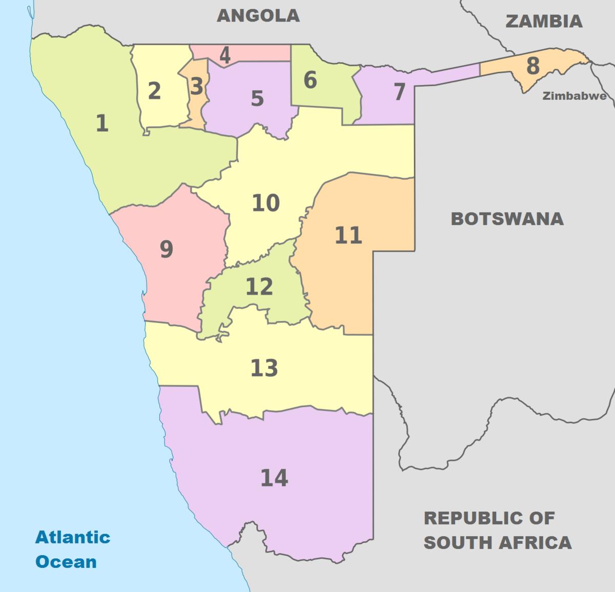 Namibia Landkarte Mit 14 Regionen Namibia Karte Mit 13 Regionen Und Bezirken Sud Afrika Afrika