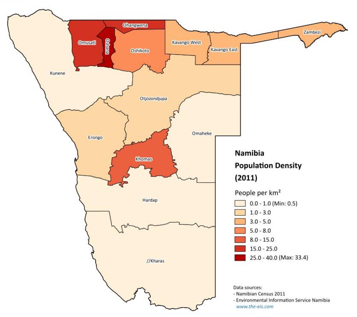 Karte von Namibia Bevölkerungsdichte